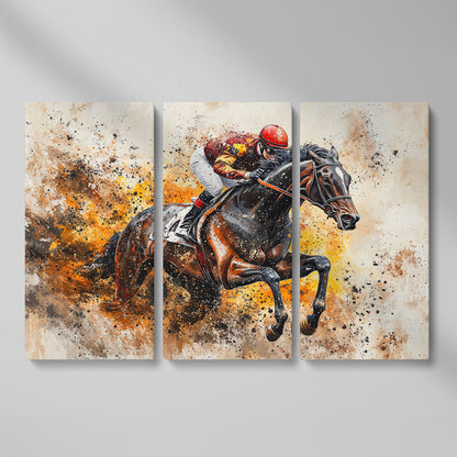 Horse Racing Jockey Canvas Print in Burnt Sienna as 3-panel split version
