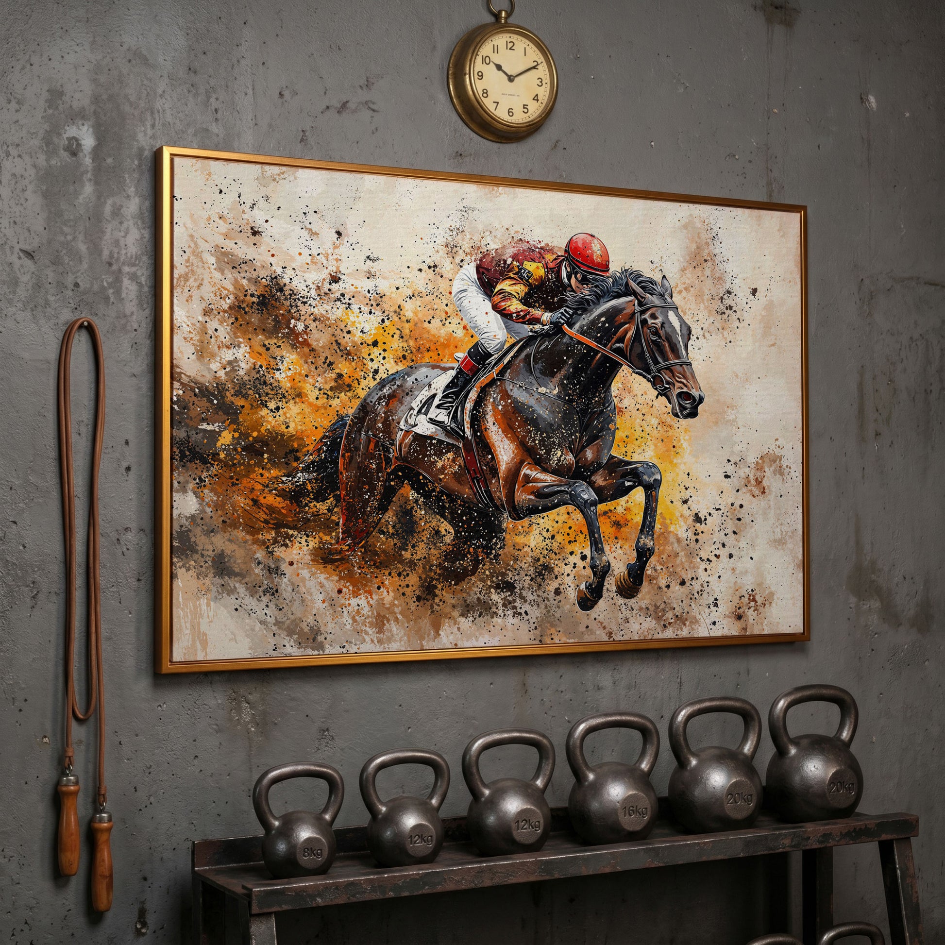 Horse Racing Jockey Canvas Print in Burnt Sienna in antique gold floating frame