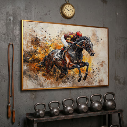 Horse Racing Jockey Canvas Print in Burnt Sienna in antique gold floating frame