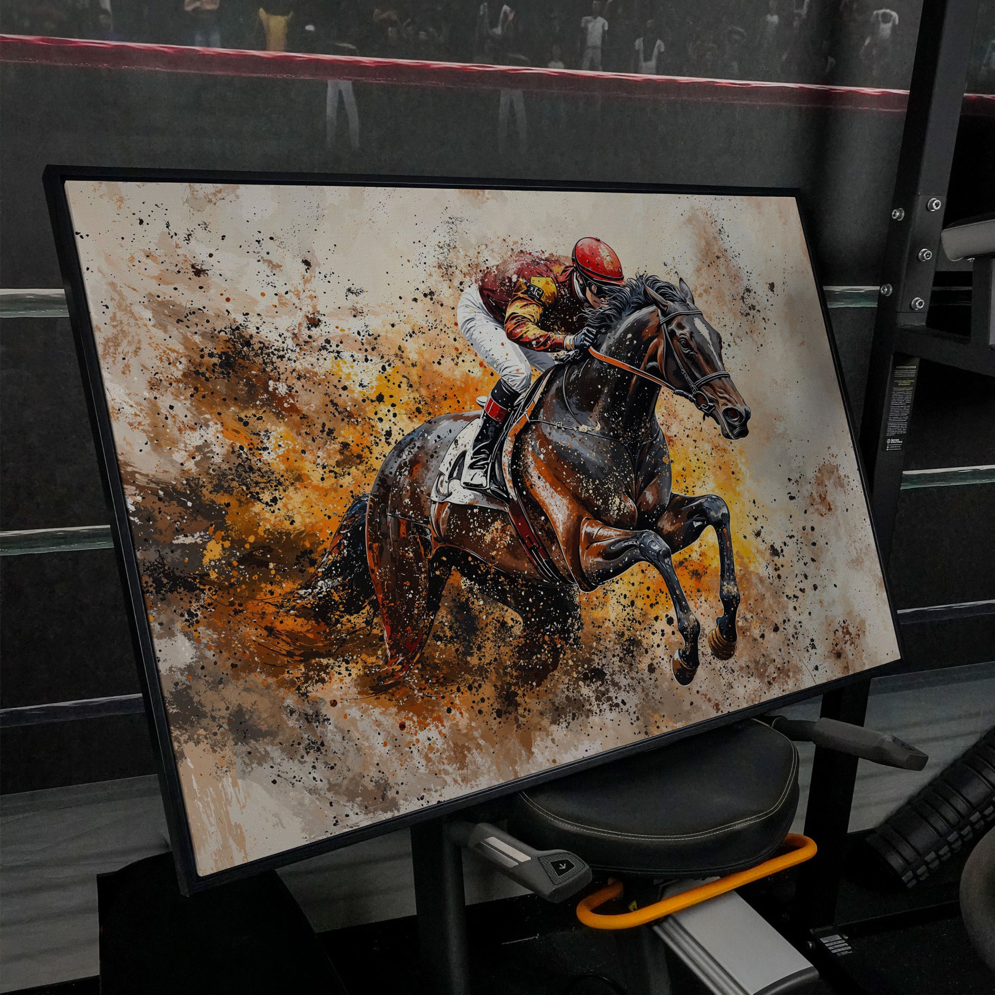 Horse Racing Jockey Canvas Print in Burnt Sienna in black floating frame