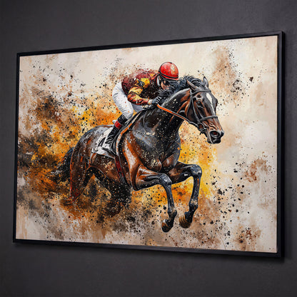 Horse Racing Jockey Canvas Print in Burnt Sienna shown in black floating frame