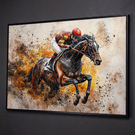Horse Racing Jockey Canvas Print in Burnt Sienna shown in black floating frame