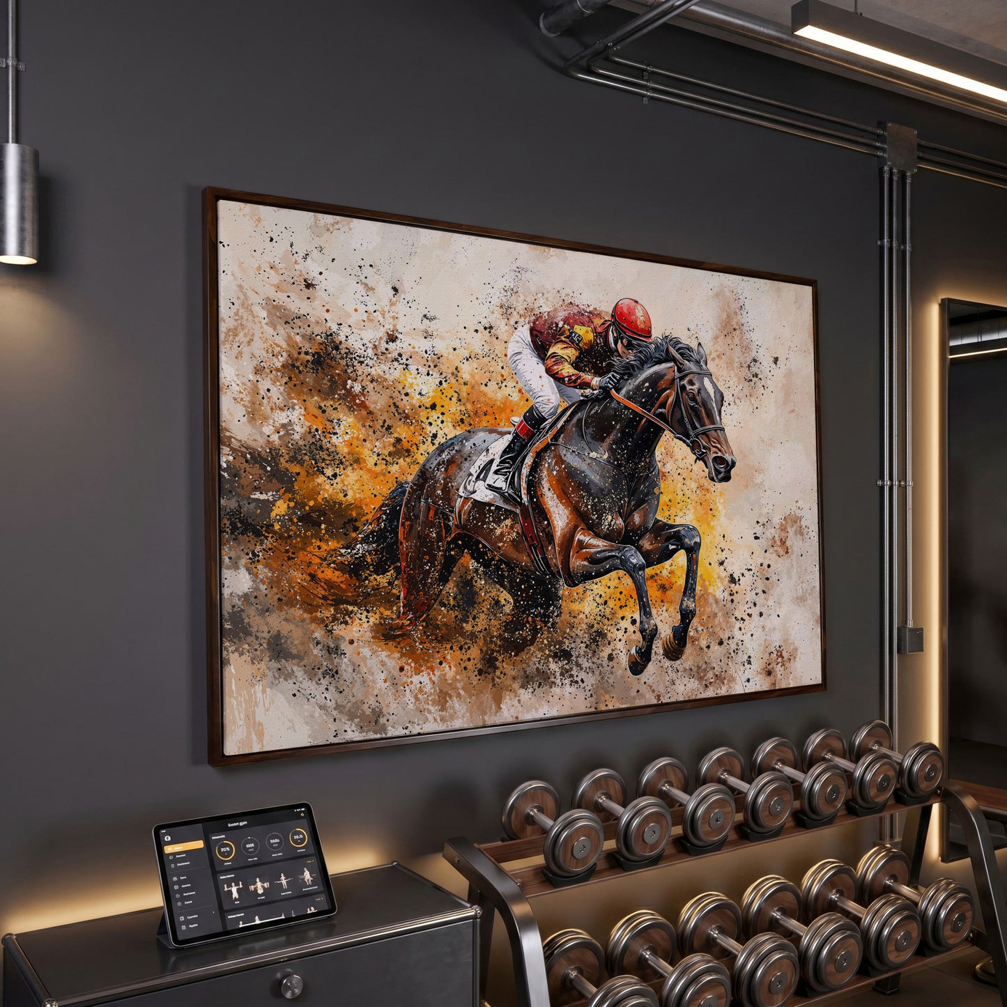 Horse Racing Jockey Canvas Print in Burnt Sienna in dark walnut floating frame