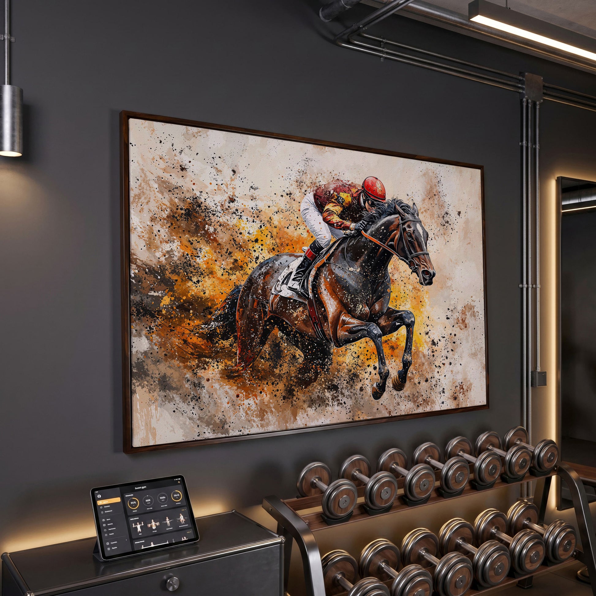 Horse Racing Jockey Canvas Print in Burnt Sienna in dark walnut floating frame