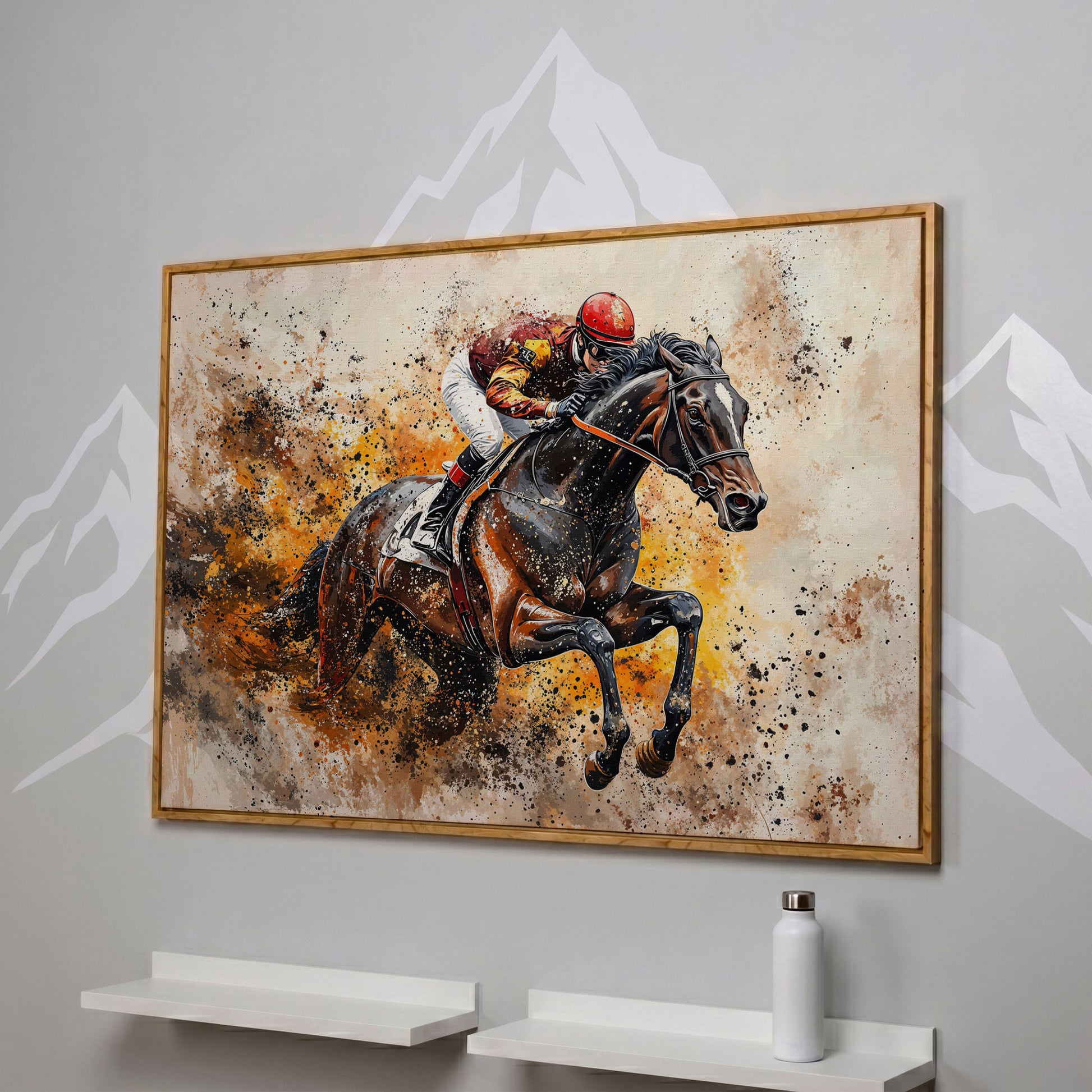 Horse Racing Jockey Canvas Print in Burnt Sienna in white oak floating frame