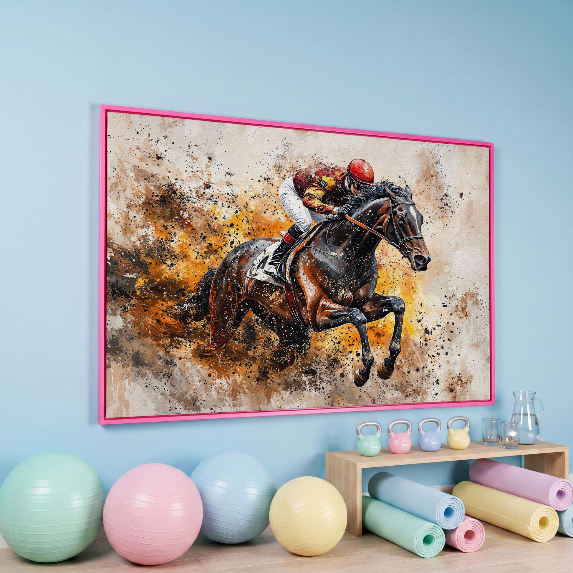 Horse Racing Jockey Canvas Print in Burnt Sienna in pink floating frame