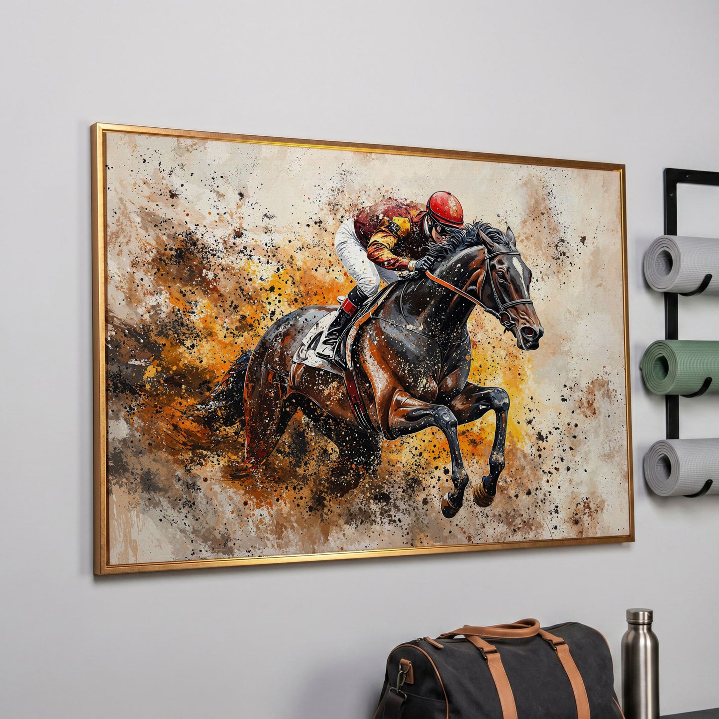 Horse Racing Jockey Canvas Print in Burnt Sienna in rose gold floating frame