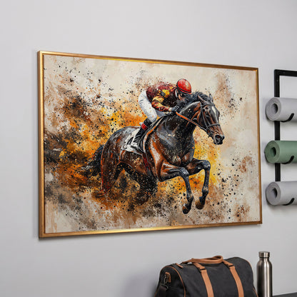 Horse Racing Jockey Canvas Print in Burnt Sienna in rose gold floating frame