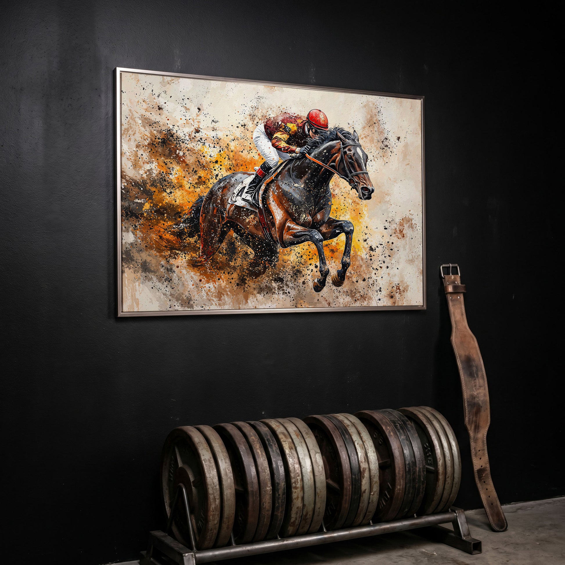 Horse Racing Jockey Canvas Print in Burnt Sienna in silver floating frame