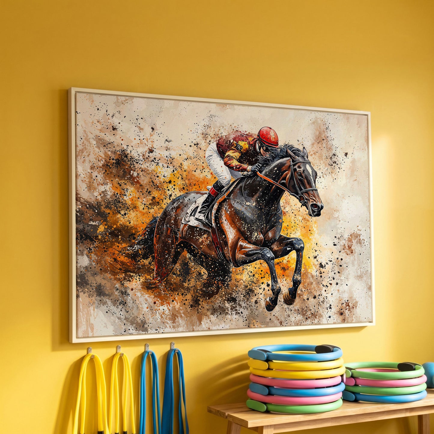 Horse Racing Jockey Canvas Print in Burnt Sienna in white floating frame
