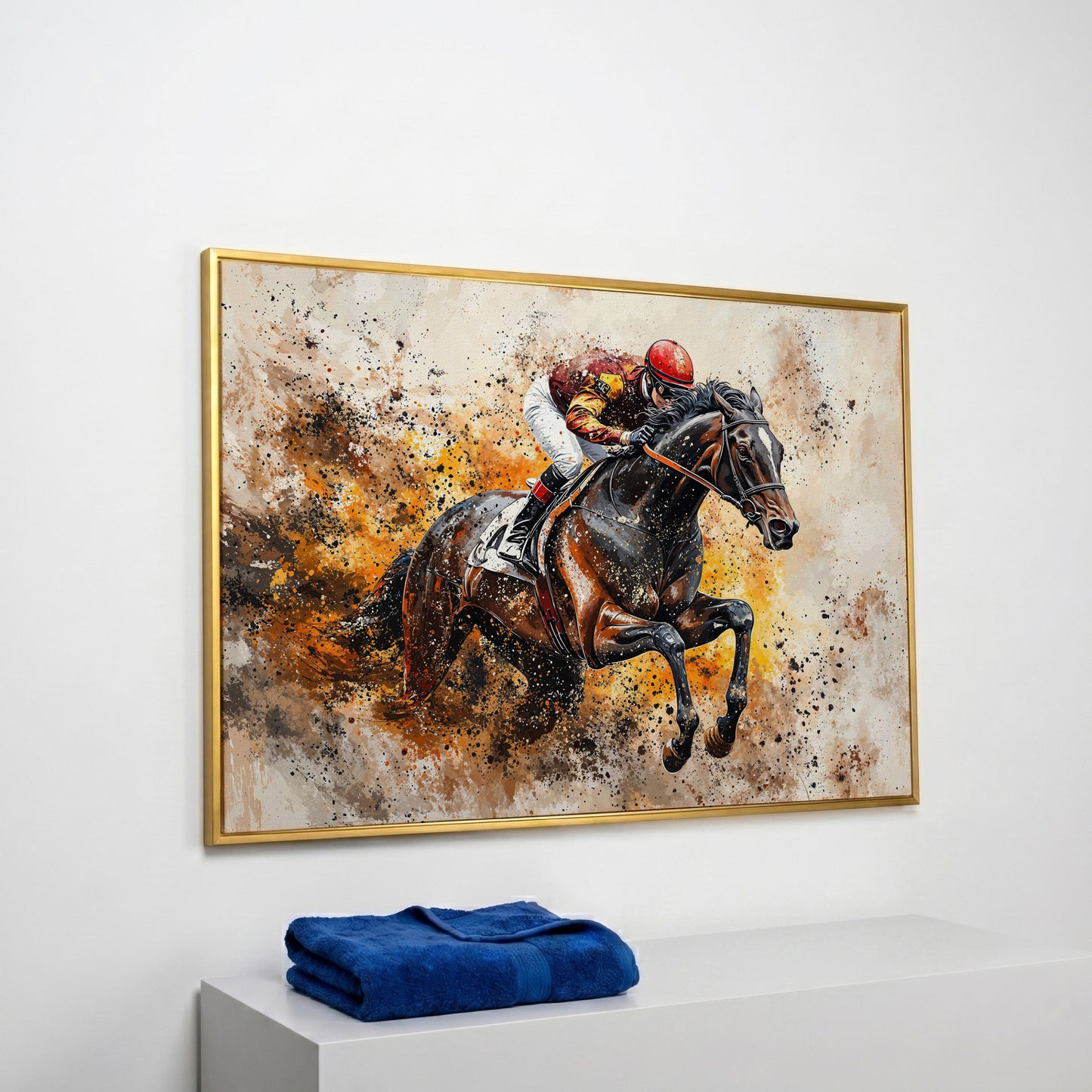 Horse Racing Jockey Canvas Print in Burnt Sienna in yellow gold floating frame