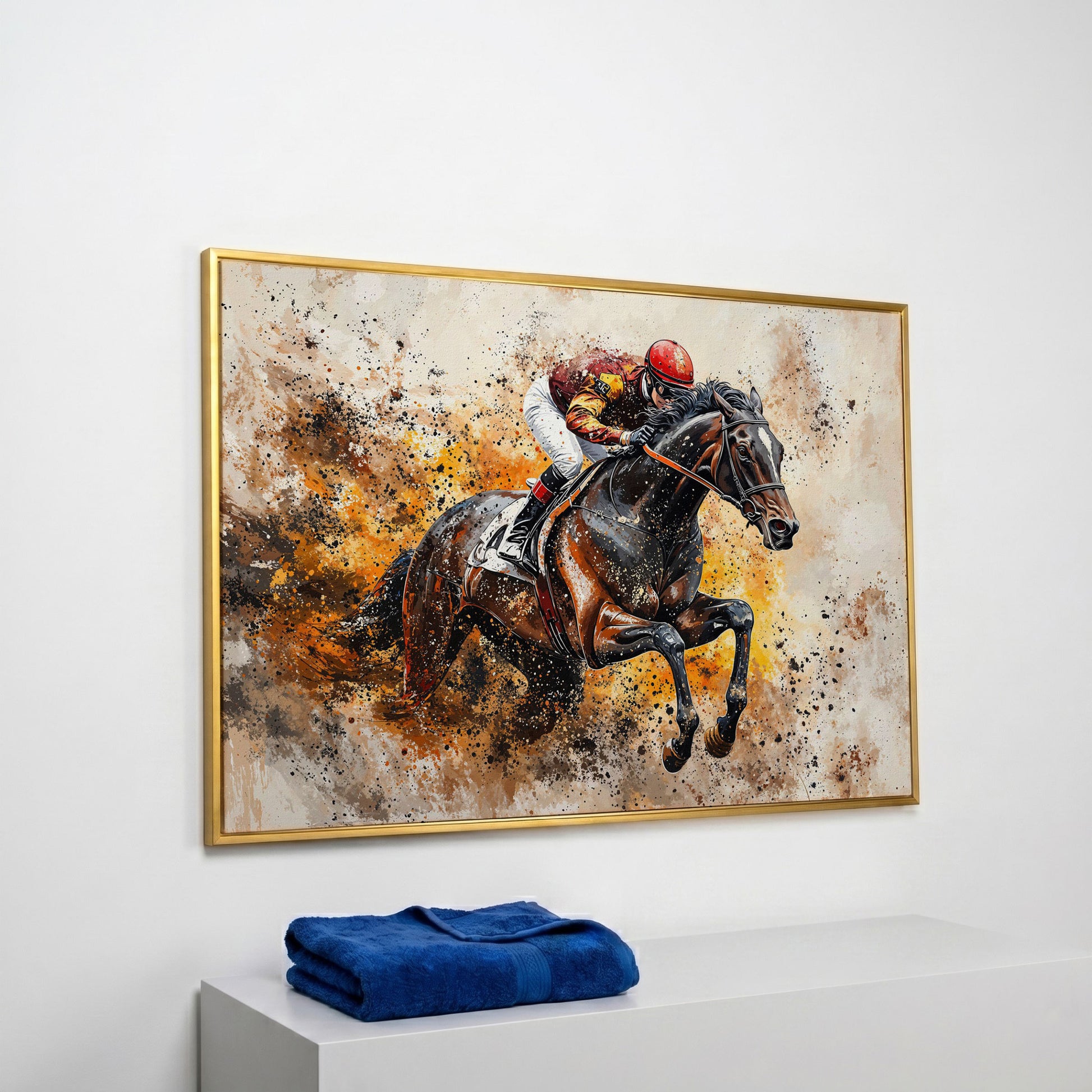 Horse Racing Jockey Canvas Print in Burnt Sienna in yellow gold floating frame