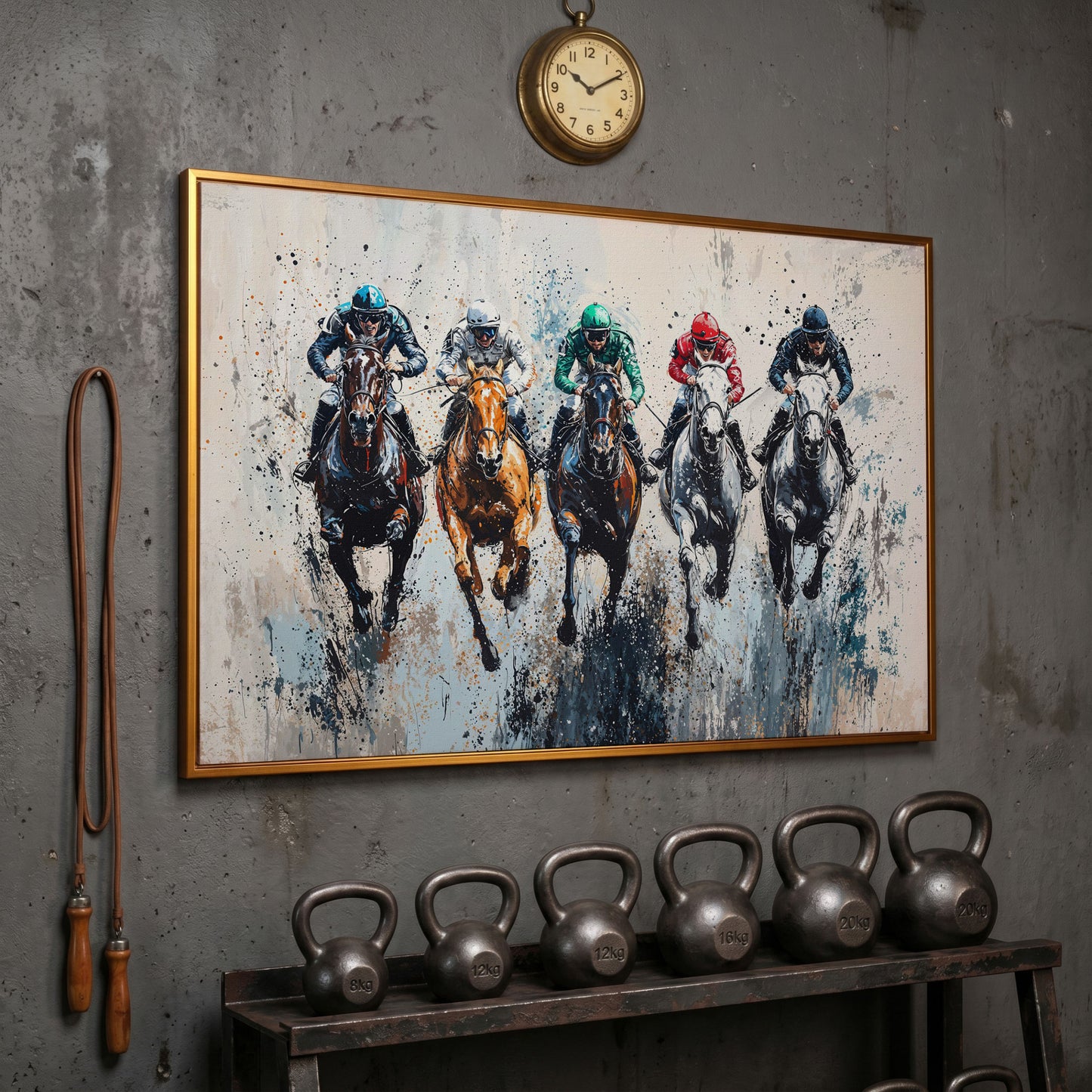 Five-Horse Racing Canvas with Jockeys in Burnt Sienna and Gray in antique gold floating frame