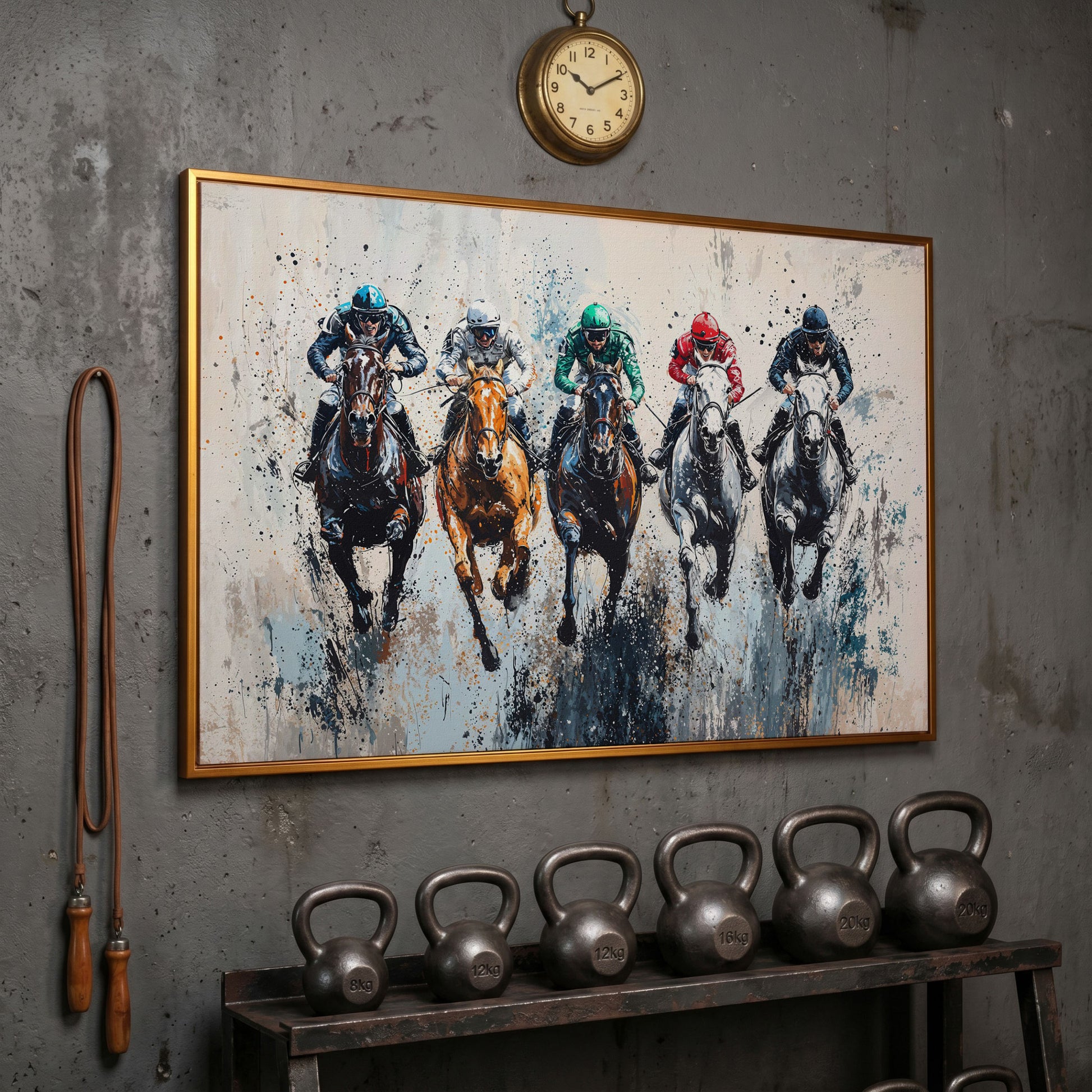 Five-Horse Racing Canvas with Jockeys in Burnt Sienna and Gray in antique gold floating frame