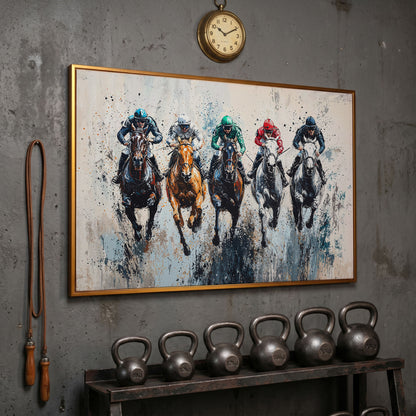 Five-Horse Racing Canvas with Jockeys in Burnt Sienna and Gray in antique gold floating frame