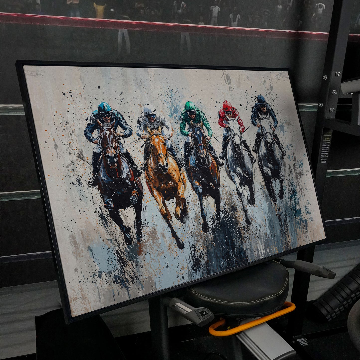 Five-Horse Racing Canvas with Jockeys in Burnt Sienna and Gray in black floating frame