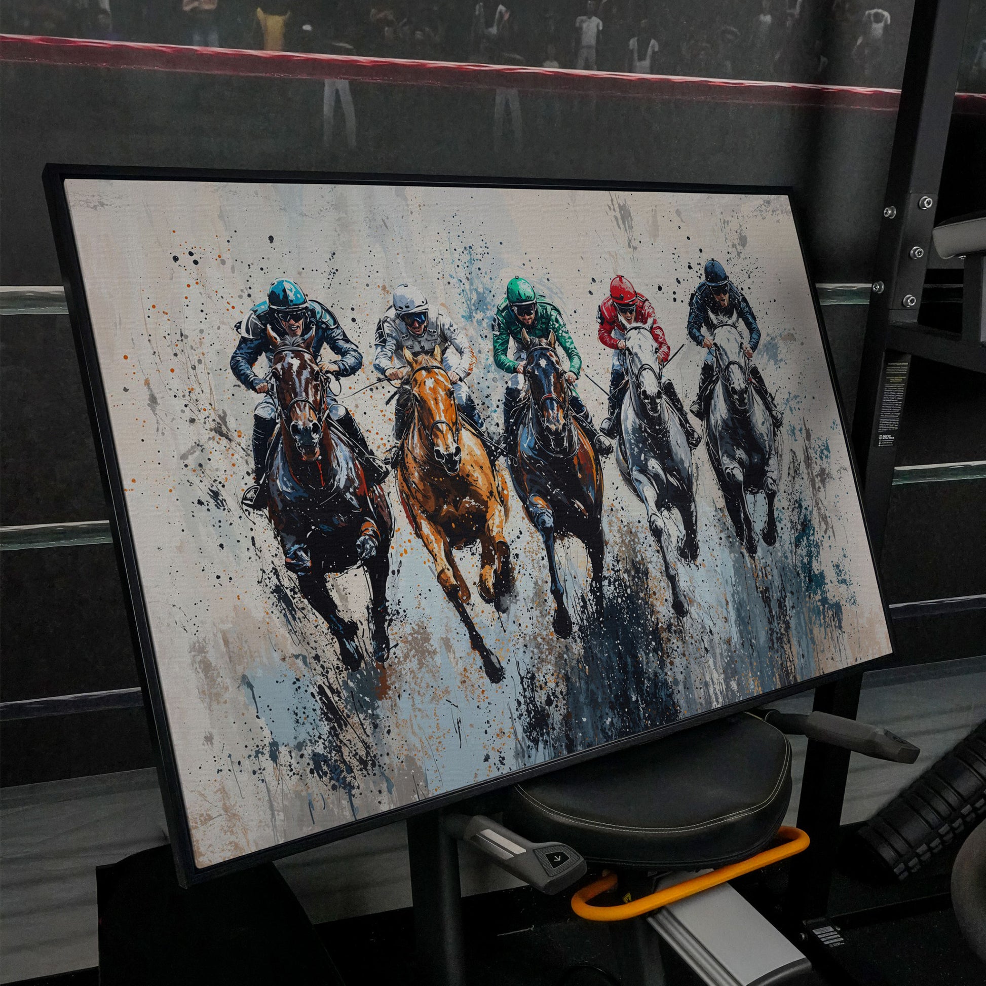 Five-Horse Racing Canvas with Jockeys in Burnt Sienna and Gray in black floating frame