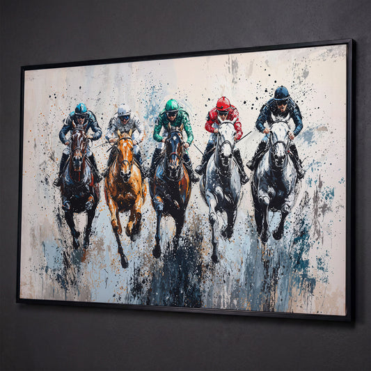 Five-Horse Racing Canvas with Jockeys in Burnt Sienna and Gray shown in black floating frame