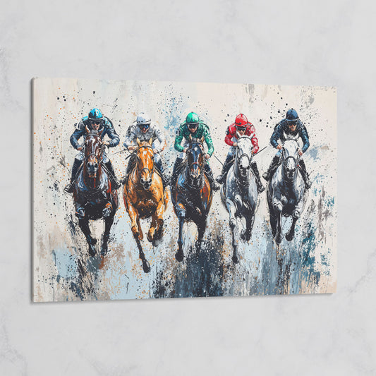 Five-Horse Racing Canvas with Jockeys in Burnt Sienna and Gray on gallery wrap