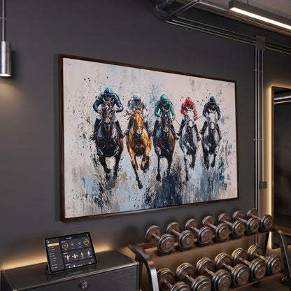 Five-Horse Racing Canvas with Jockeys in Burnt Sienna and Gray in dark walnut floating frame