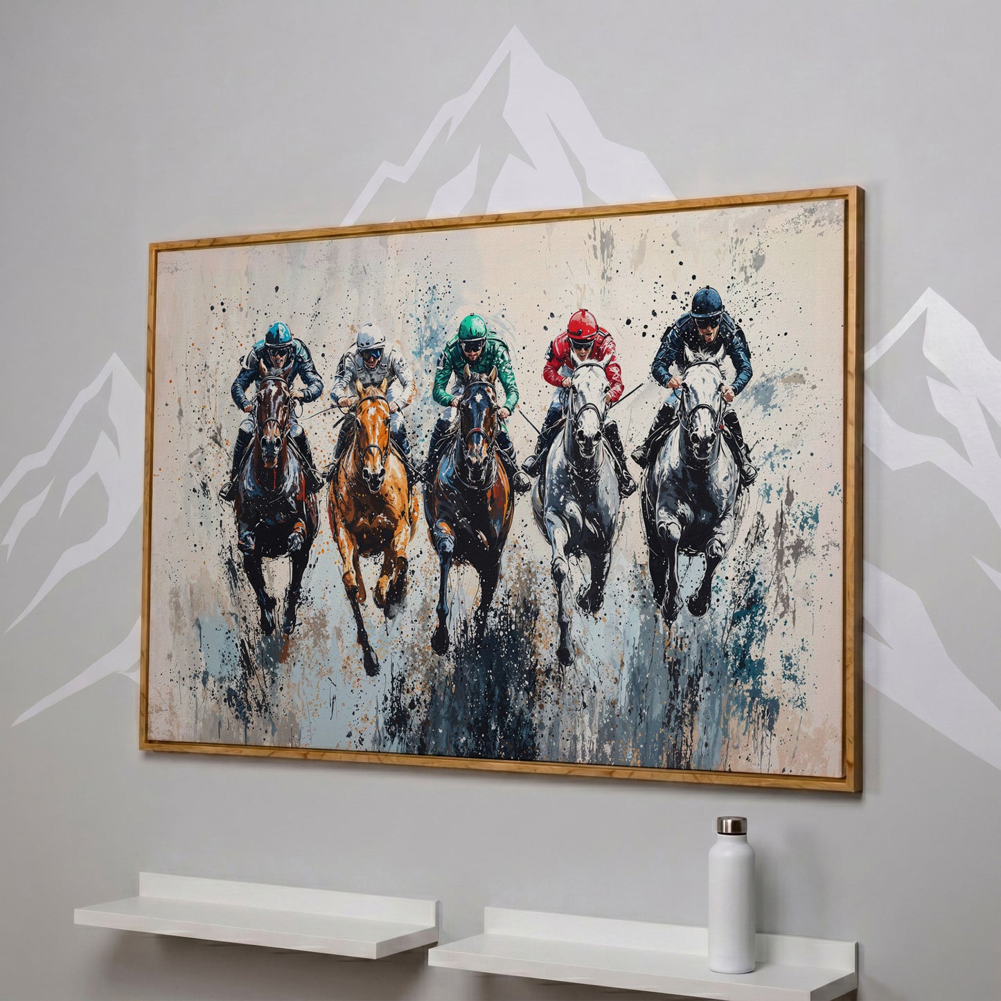Five-Horse Racing Canvas with Jockeys in Burnt Sienna and Gray in white oak floating frame