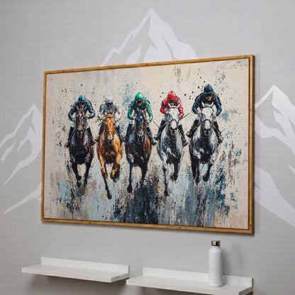 Five-Horse Racing Canvas with Jockeys in Burnt Sienna and Gray in white oak floating frame