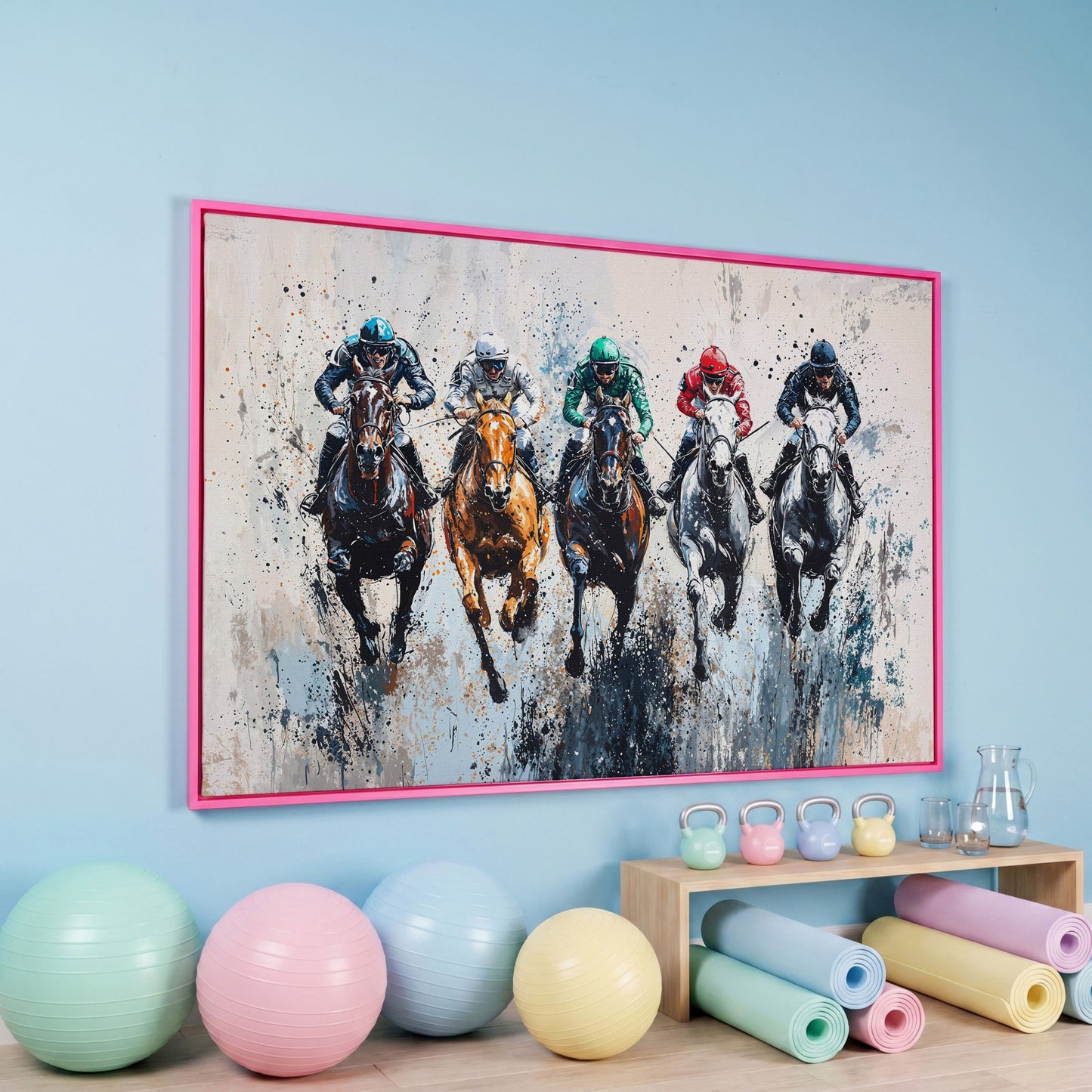 Five-Horse Racing Canvas with Jockeys in Burnt Sienna and Gray in pink floating frame