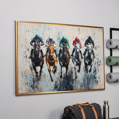 Five-Horse Racing Canvas with Jockeys in Burnt Sienna and Gray in rose gold floating frame