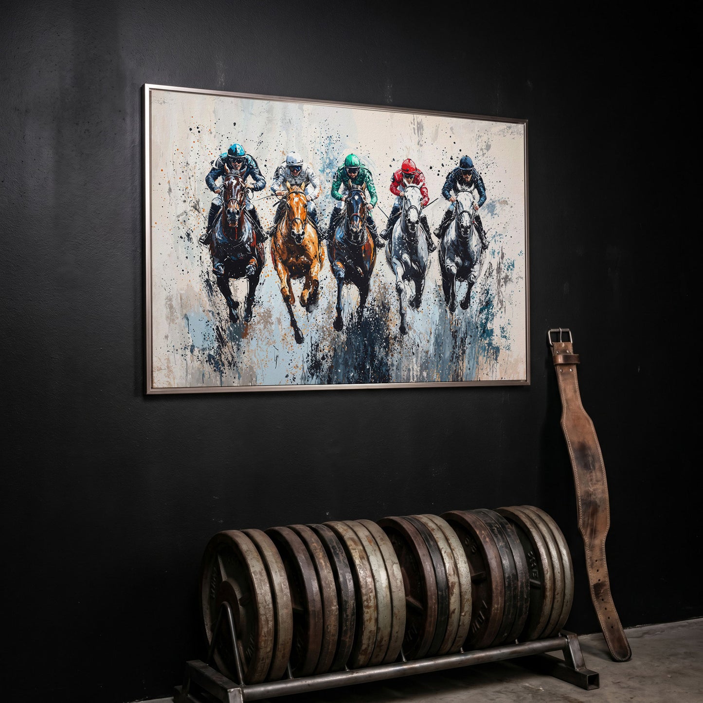 Five-Horse Racing Canvas with Jockeys in Burnt Sienna and Gray in silver floating frame