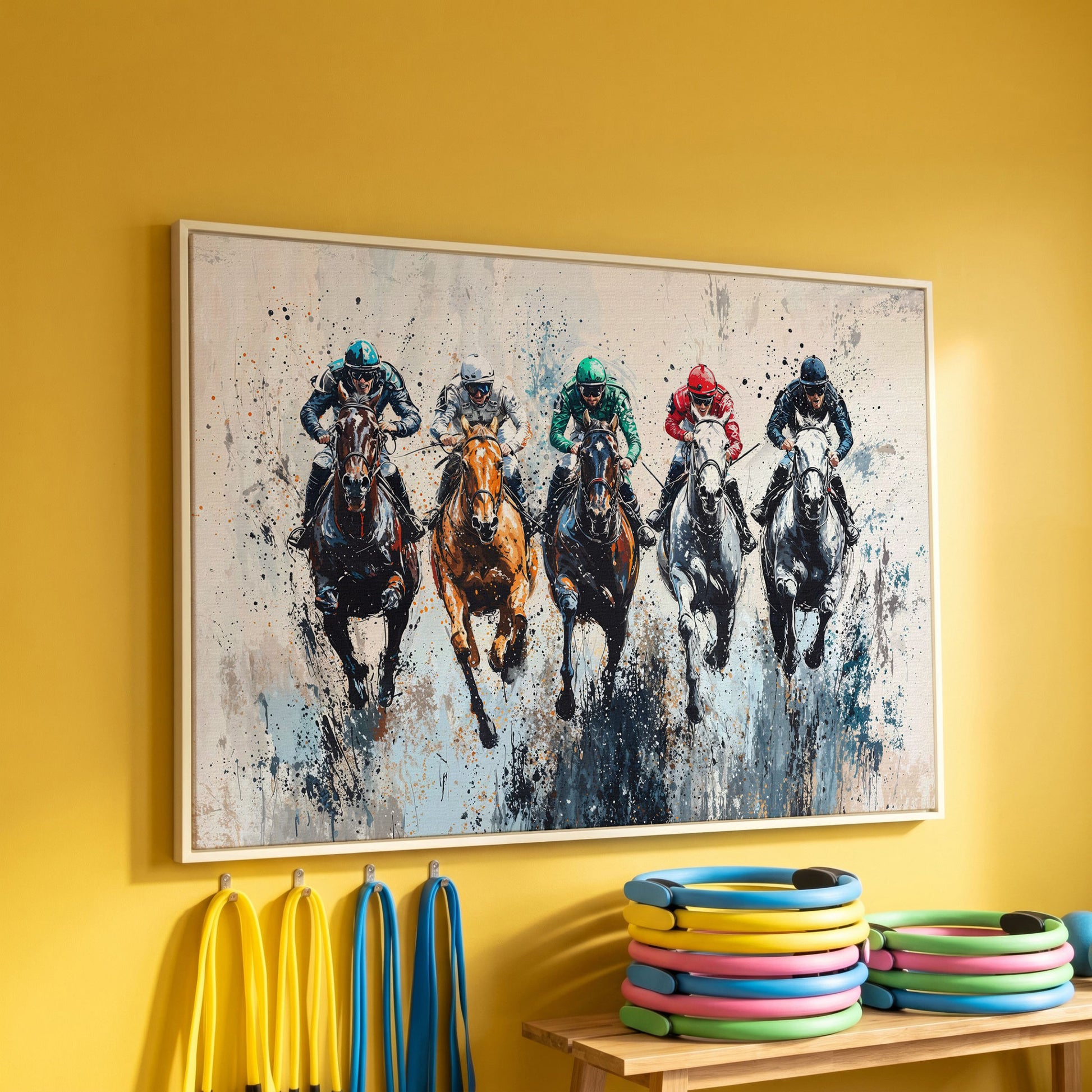 Five-Horse Racing Canvas with Jockeys in Burnt Sienna and Gray in white floating frame