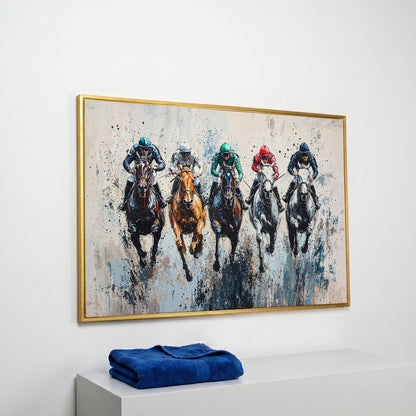 Five-Horse Racing Canvas with Jockeys in Burnt Sienna and Gray in yellow gold floating frame