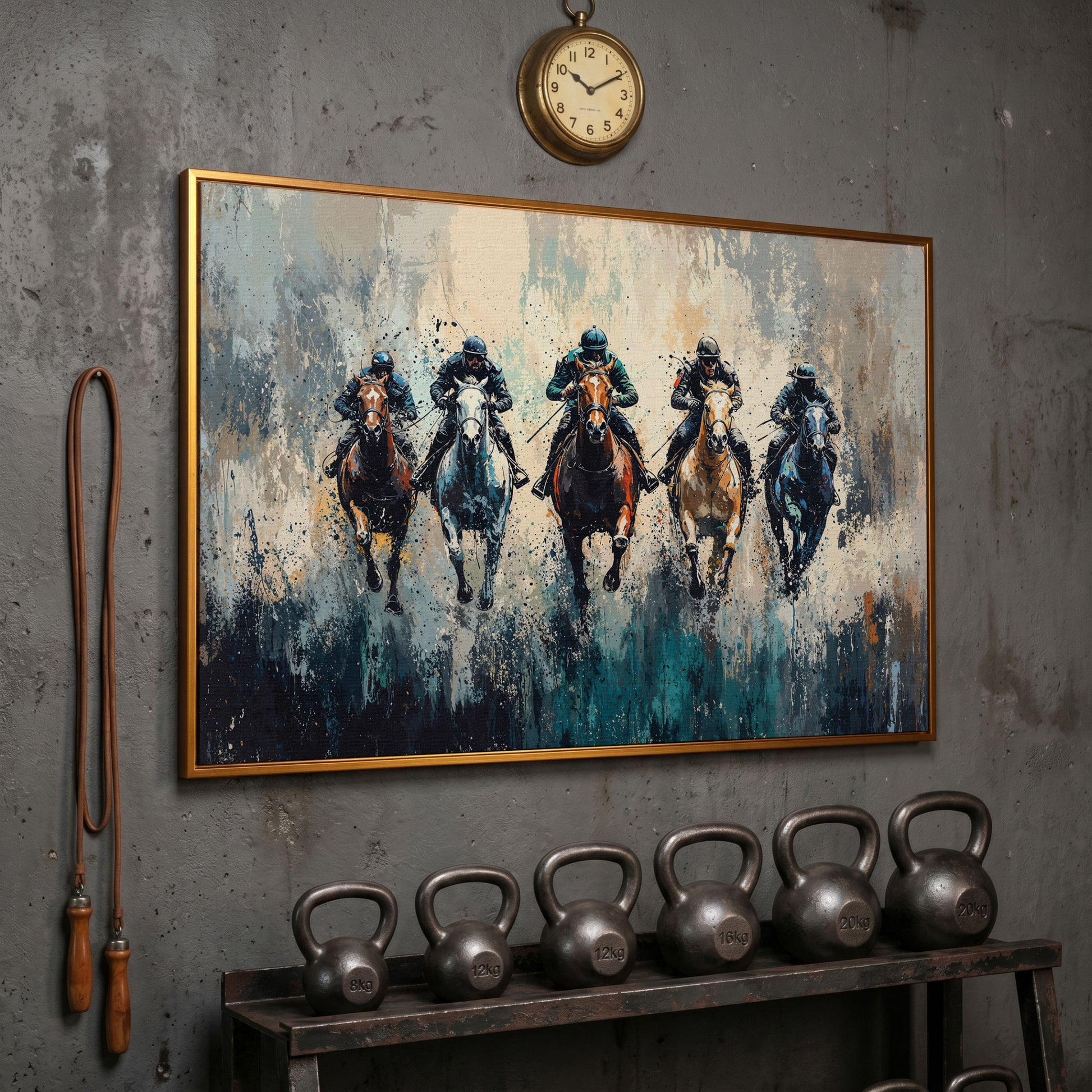 Modern Equestrian Jockeys Canvas Print in antique gold floating frame