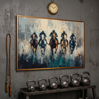 Modern Equestrian Jockeys Canvas Print in antique gold floating frame