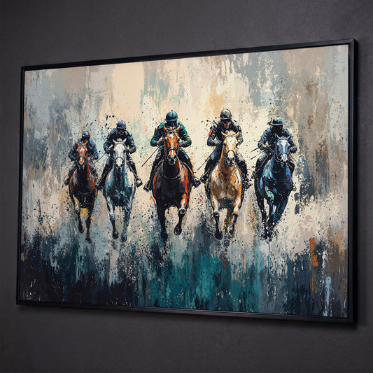 Modern Equestrian Jockeys Canvas Print shown in black floating frame