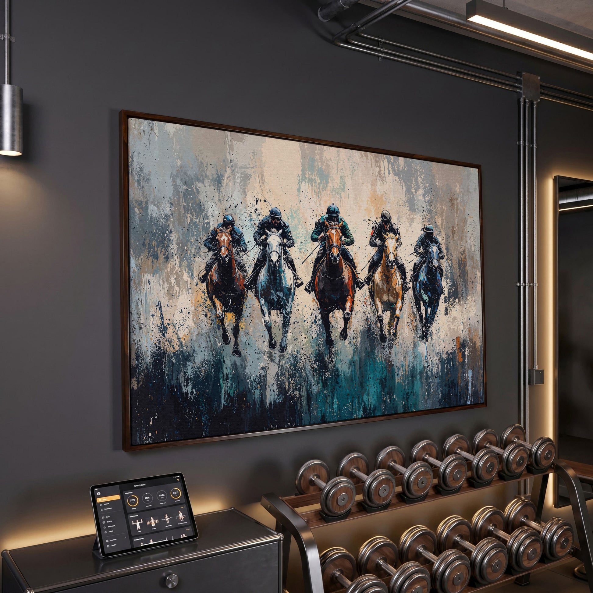 Modern Equestrian Jockeys Canvas Print in dark walnut floating frame