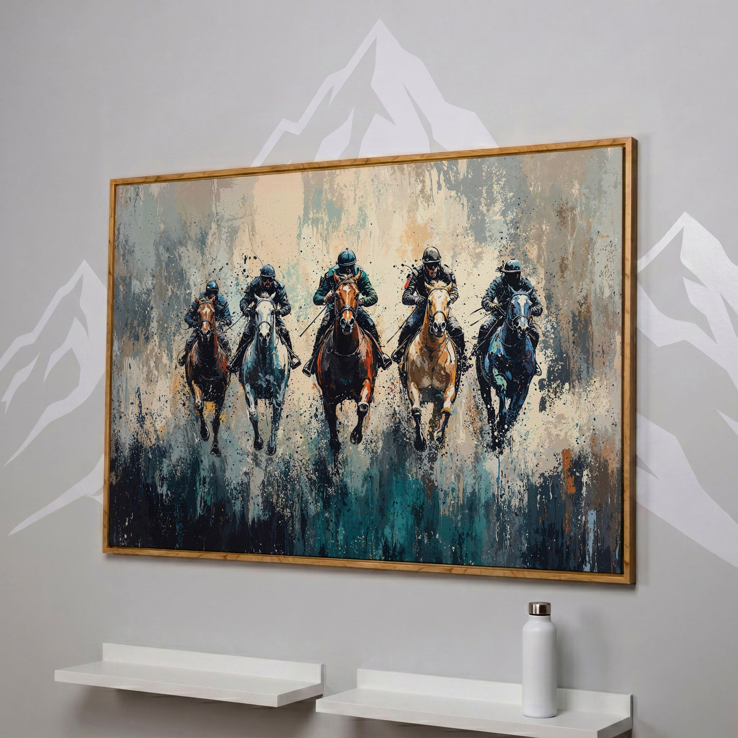 Modern Equestrian Jockeys Canvas Print in white oak floating frame