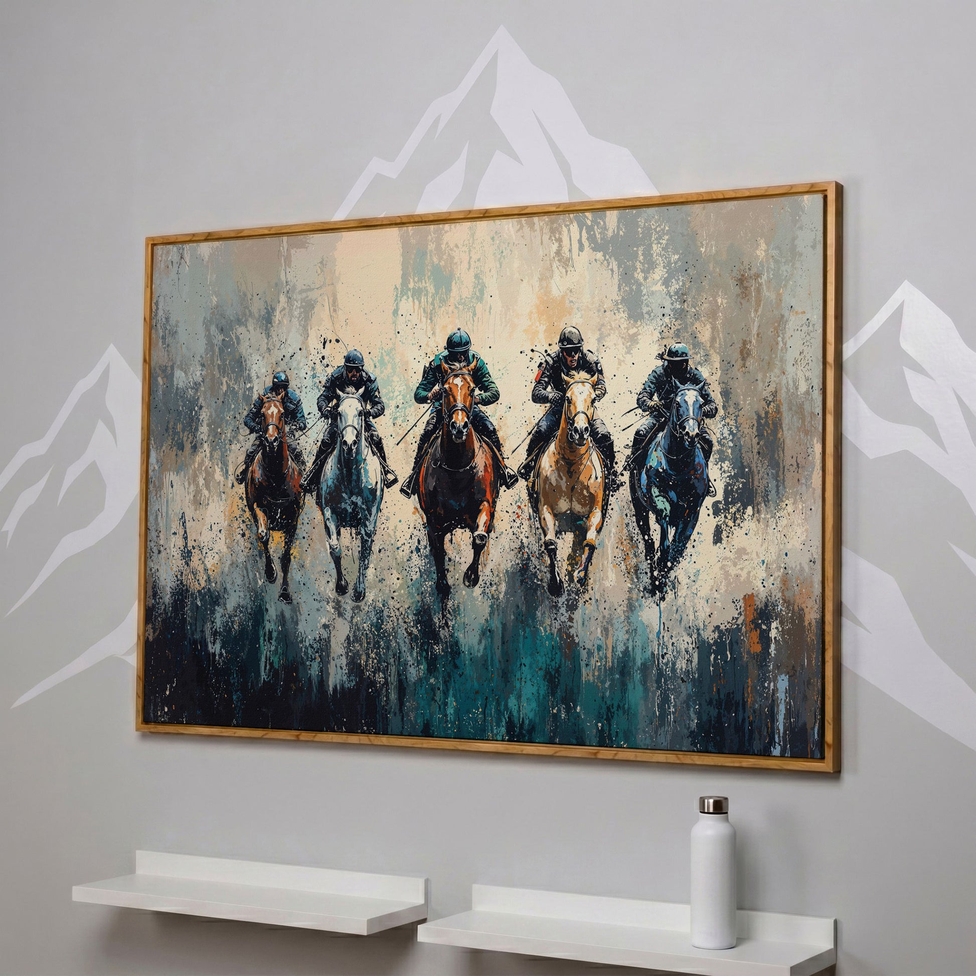 Modern Equestrian Jockeys Canvas Print in white oak floating frame