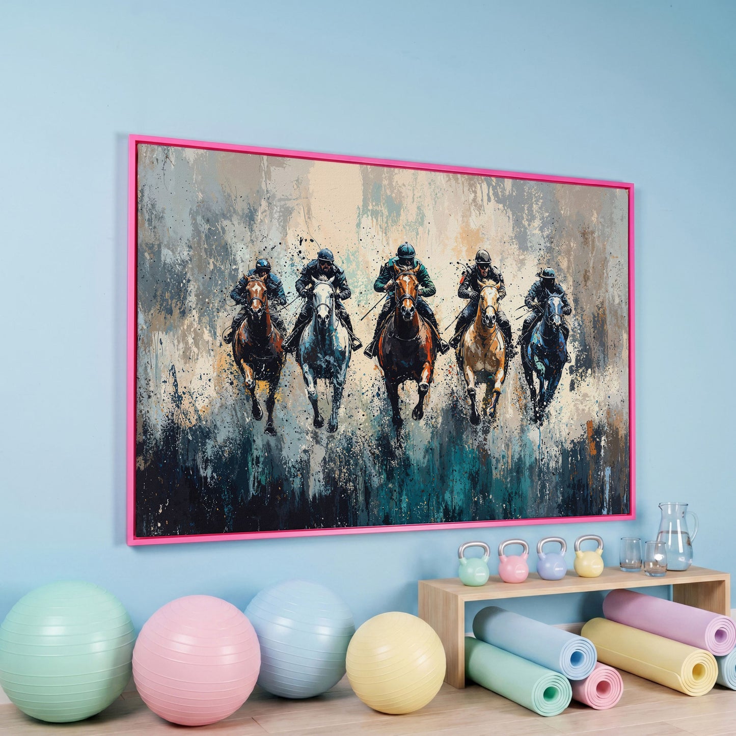 Modern Equestrian Jockeys Canvas Print in pink floating frame