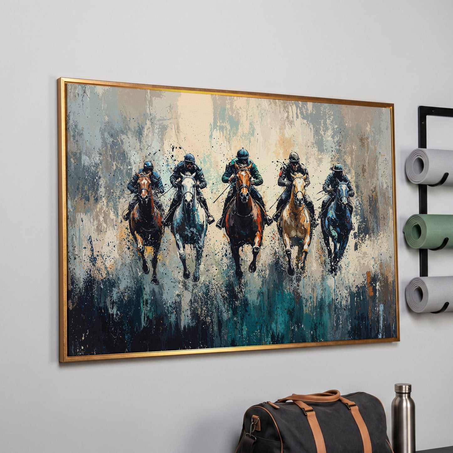 Modern Equestrian Jockeys Canvas Print in rose gold floating frame