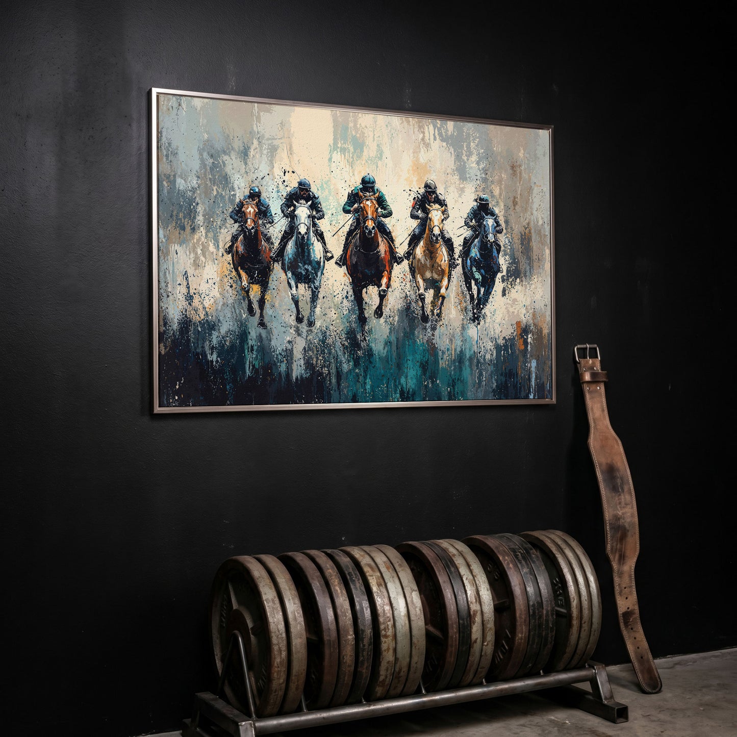 Modern Equestrian Jockeys Canvas Print in silver floating frame