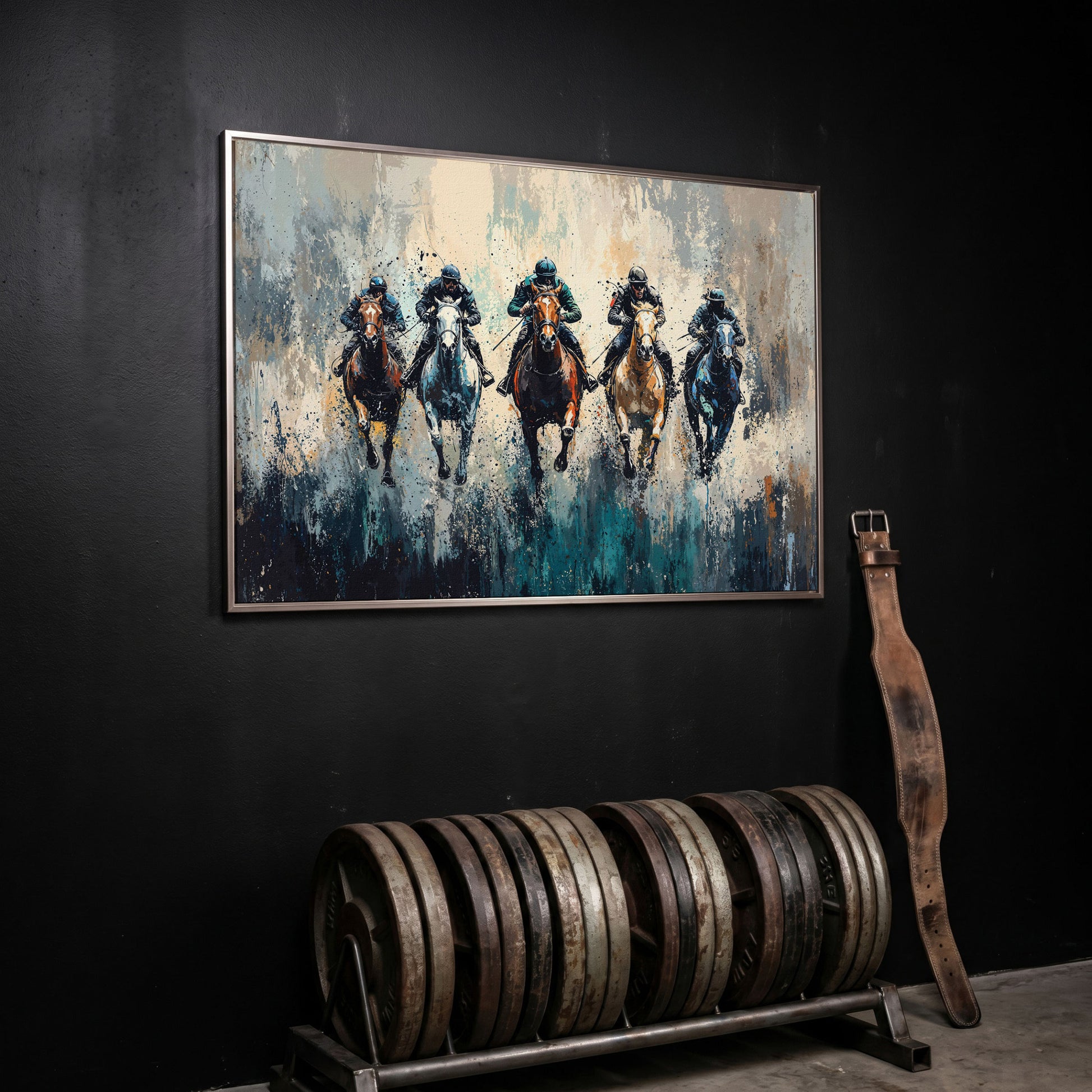 Modern Equestrian Jockeys Canvas Print in silver floating frame