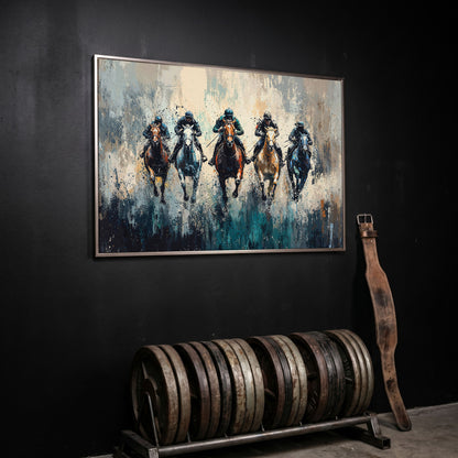 Modern Equestrian Jockeys Canvas Print in silver floating frame