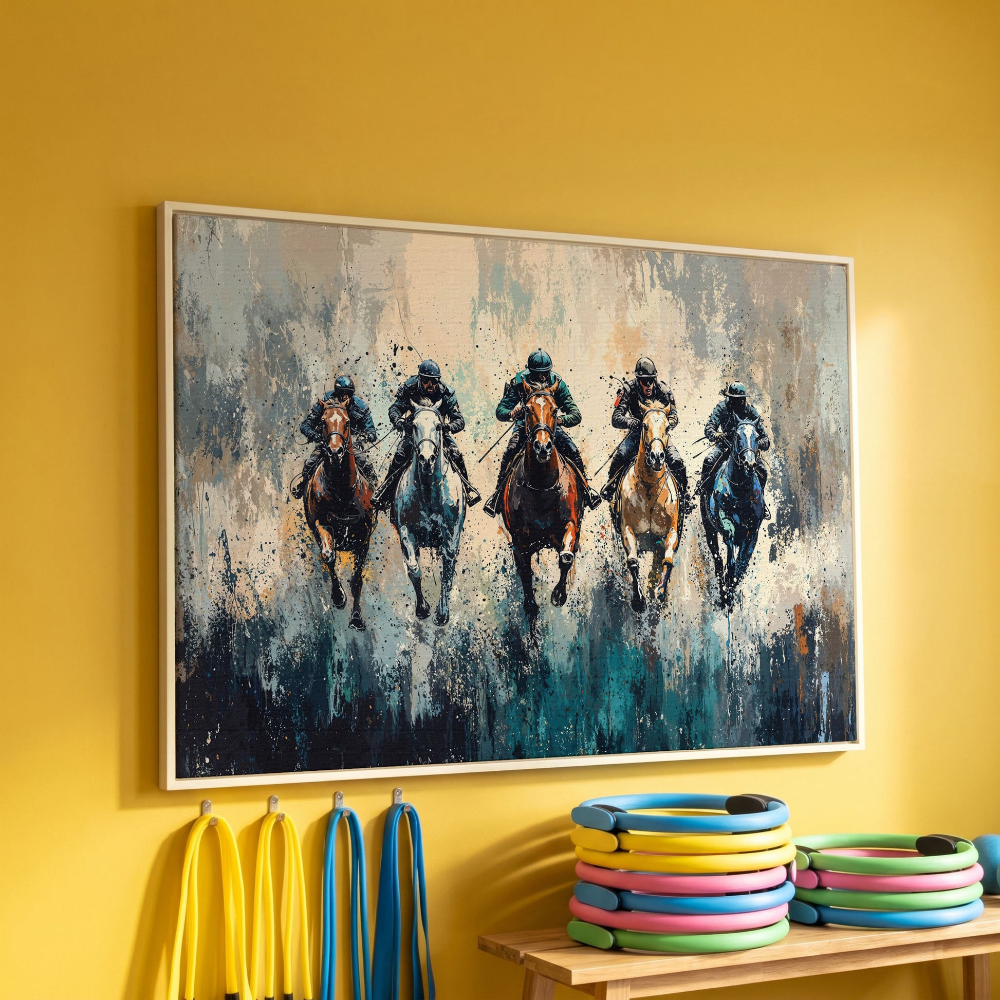 Modern Equestrian Jockeys Canvas Print in white floating frame
