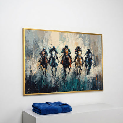 Modern Equestrian Jockeys Canvas Print in yellow gold floating frame