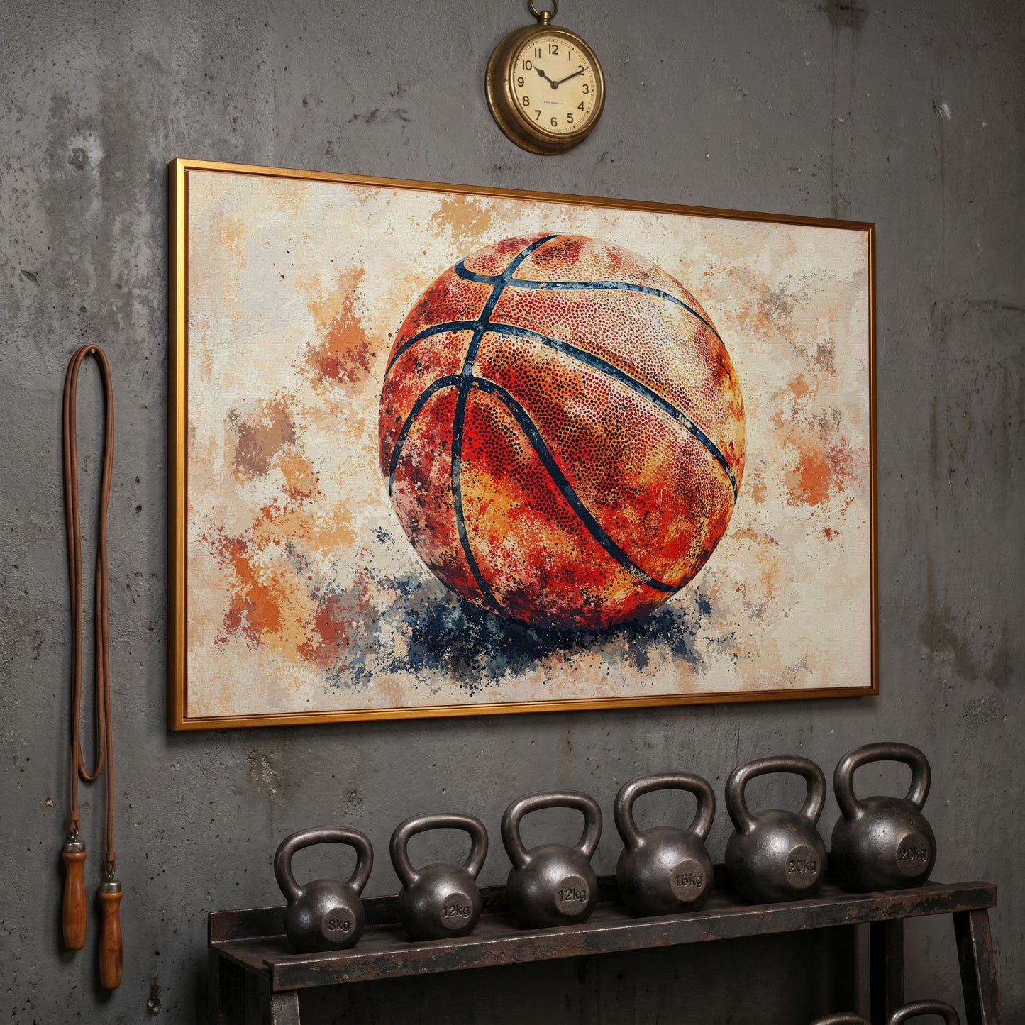 Basketball Canvas Print in Burnt Sienna in antique gold floating frame