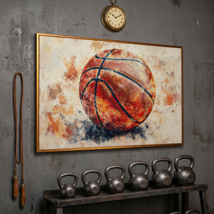 Basketball Canvas Print in Burnt Sienna in antique gold floating frame