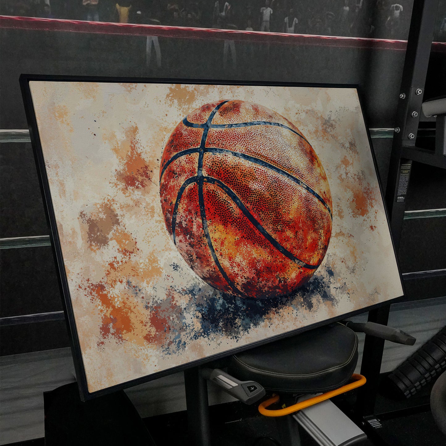 Basketball Canvas Print in Burnt Sienna in black floating frame