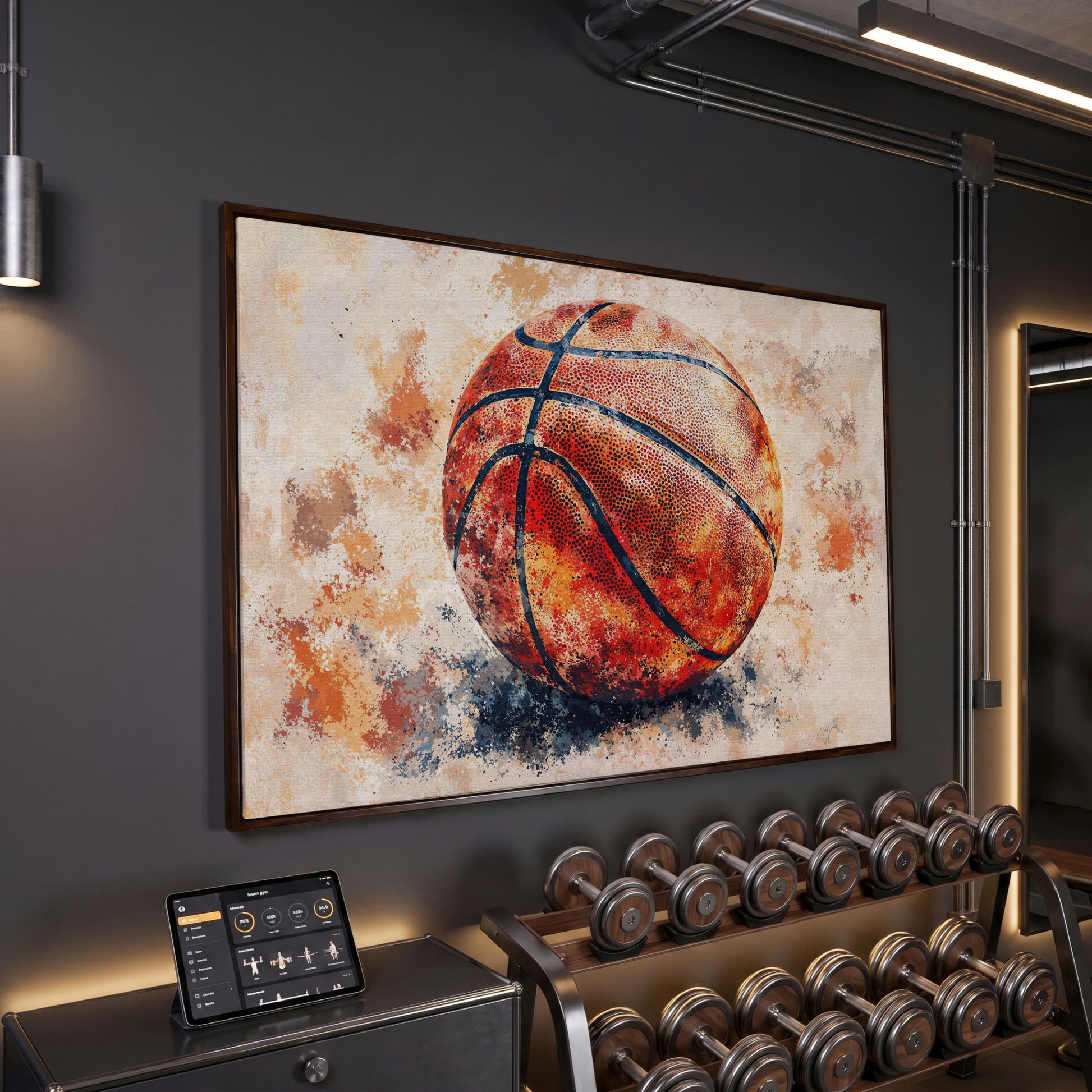 Basketball Canvas Print in Burnt Sienna in dark walnut floating frame