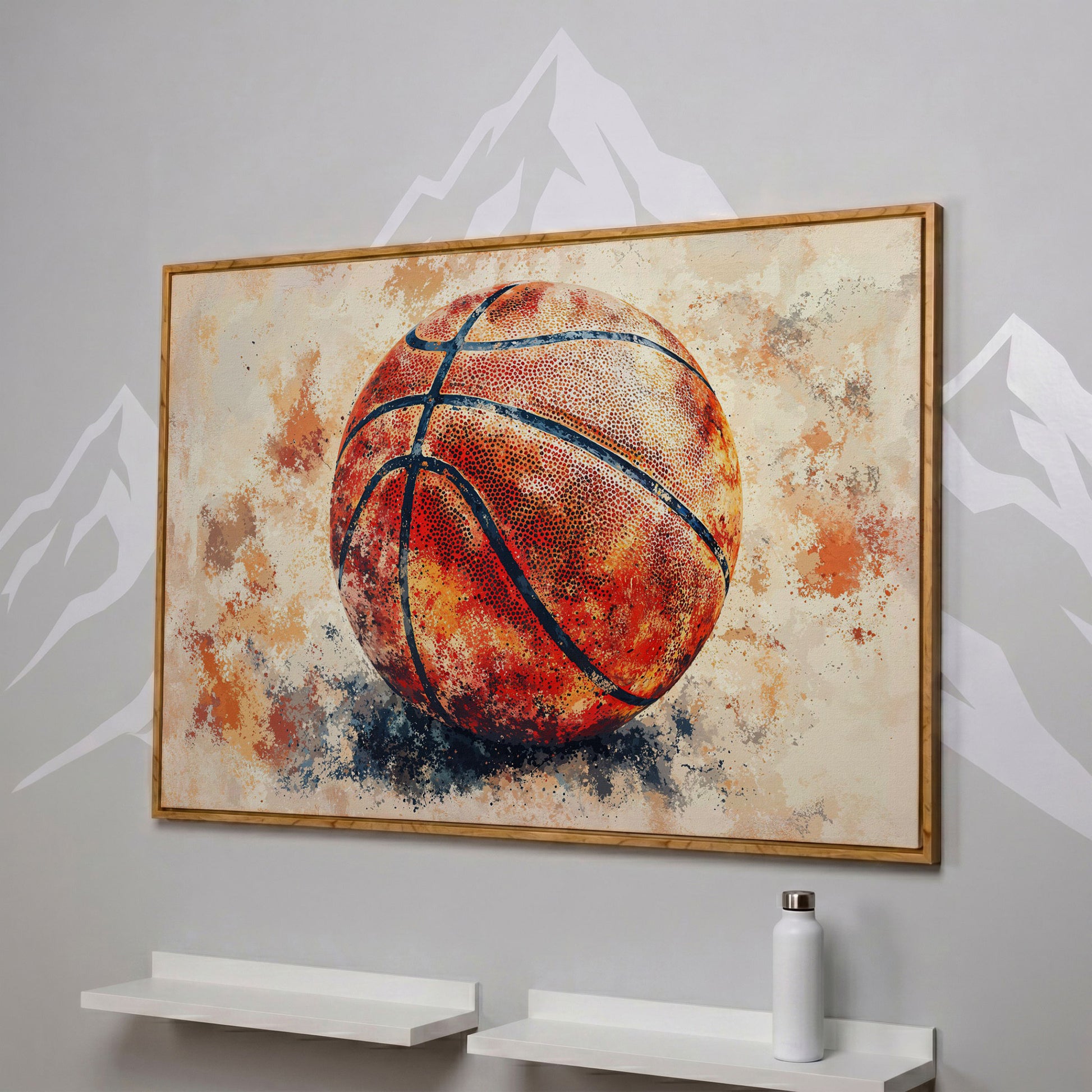 Basketball Canvas Print in Burnt Sienna in white oak floating frame