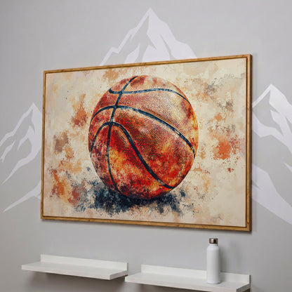 Basketball Canvas Print in Burnt Sienna in white oak floating frame